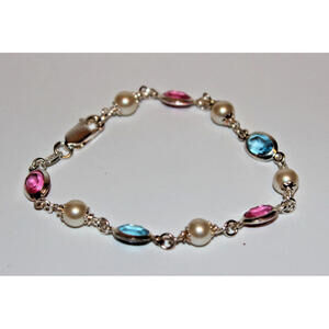 Vintage Milor 925 Italy Sterling Silver Pink Blue Stone & Pearl Bracelet 6.5"